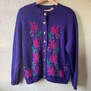 Russ Vintage 80s Wool Blend Floral Deep Purple Sweater medium flowers grannycore